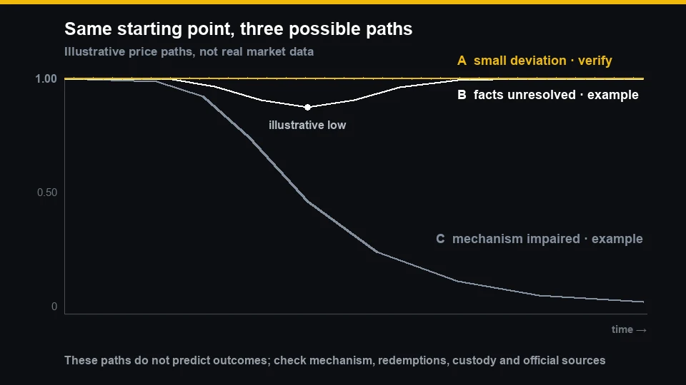 Three illustrative stablecoin depeg paths: small deviation, unresolved facts and impaired mechanism; the paths do not predict a repeg