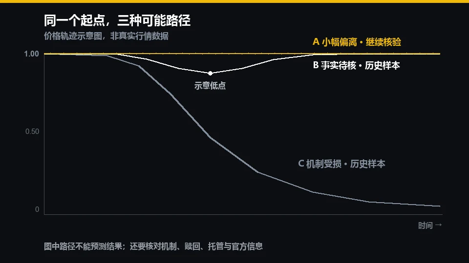 稳定币脱锚三种历史路径示意:小幅偏离、事实待核和机制受损;图中路径不能预测是否回锚