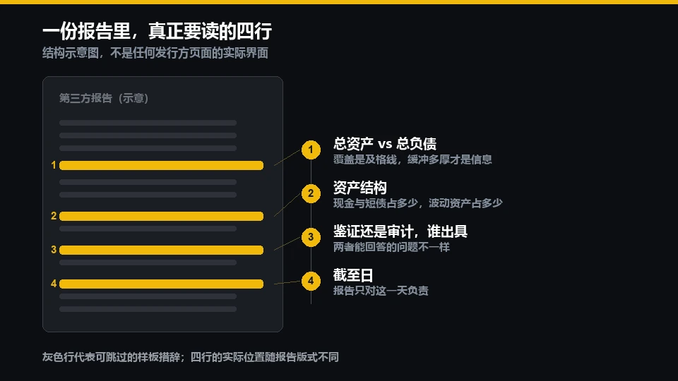 储备报告的四个必看字段结构示意:覆盖关系、资产结构、报告类型与出具方、截至日